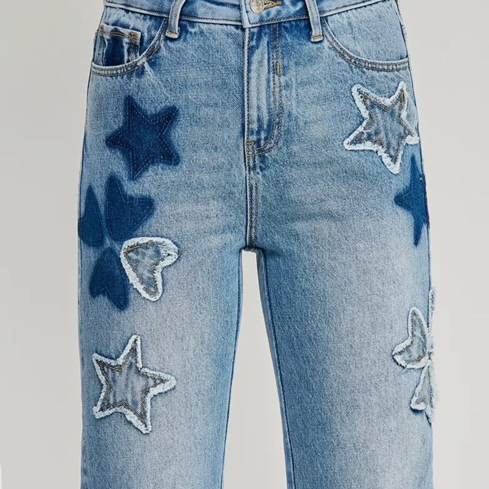 Starry Blue patched  Wide Leg  Dad Jeans-Plus Size - Picture 5 of 6
